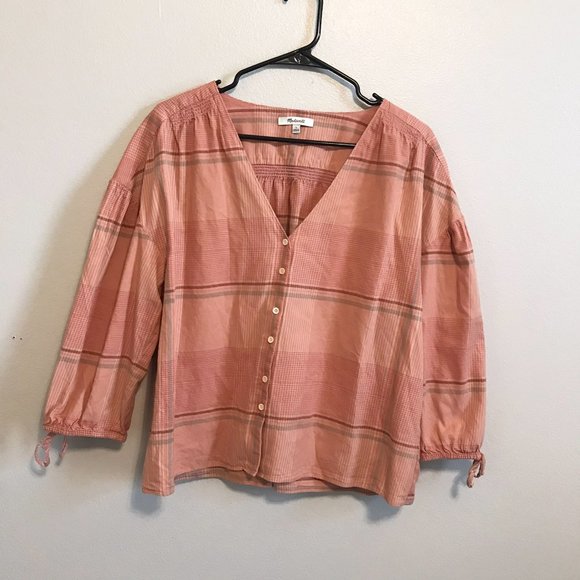 SOLD Moringview Cotton Tie-Sleeve Shirt in Peach Plaid Size Large SOLD - Picture 2 of 6